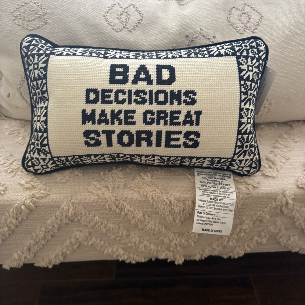 “Bad Decisions Make Great Stories” Embroidered Needlepoint Pillow